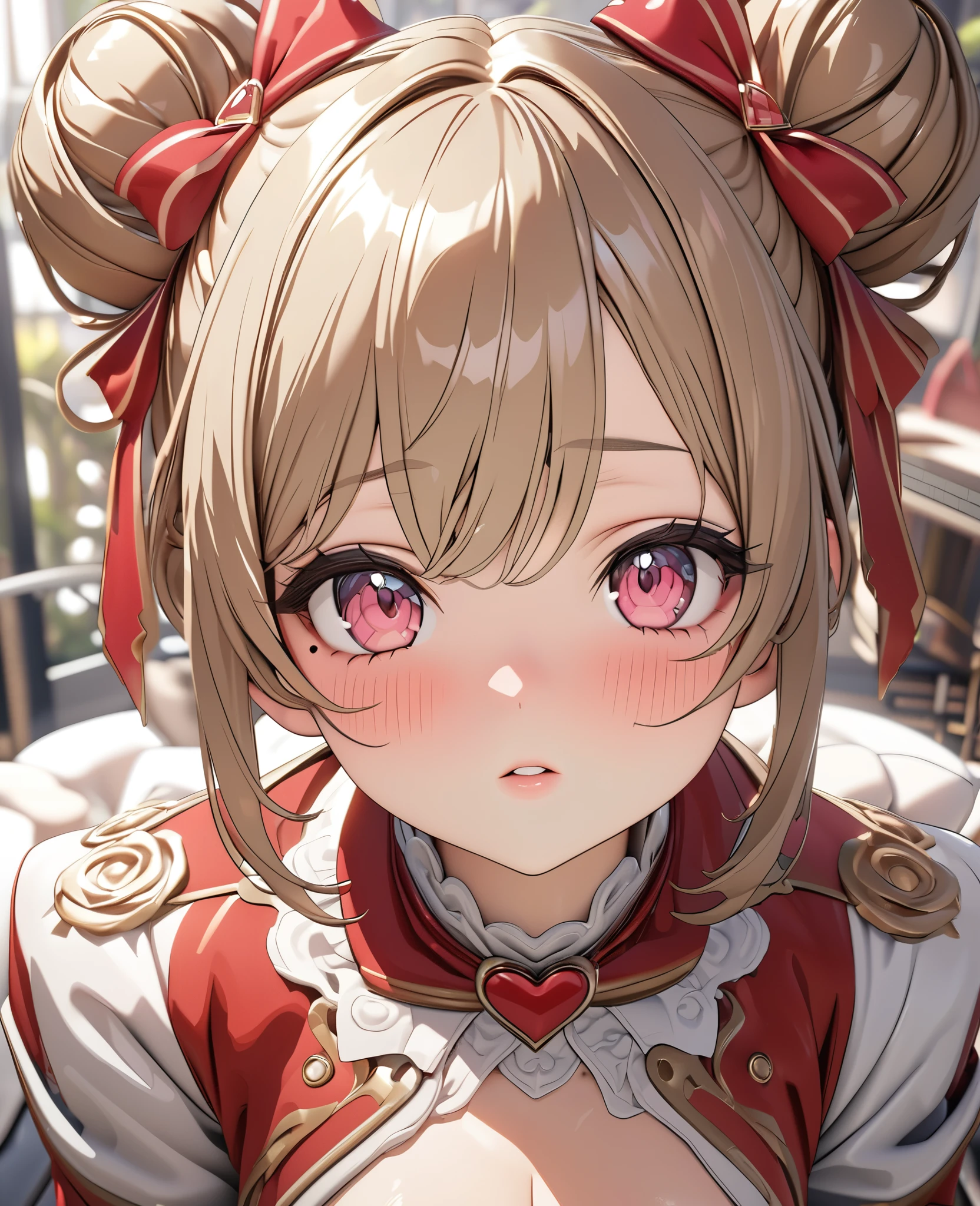 masterpiece, best quality, highly detailed, high resolution, expensive resolution, high resolution, 4K, 8k, uniform 8k wallpaper, highly detailed CG, masterpiece, 2D, 3D, beautiful details, depth, fine texture, best quality: 1.3, perfectly focused, crispy. skin, him, very cute anime girl, idol, brown double hair buns wearing expensive, mole under eye, looking at the viewer, expensive, blush, mole, plump lips, heart, pink eyes, heart shaped choker