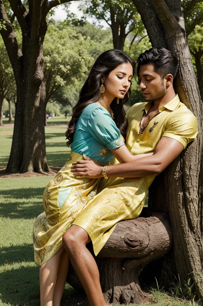 A couple embracing and resting against a tree trunk in a lush, grassy outdoor setting. The woman is wearing a yellow and gold embroidered dress with intricate jewelry, while the man is wearing a light blue shirt. They appear to be in a peaceful, intimate moment together.