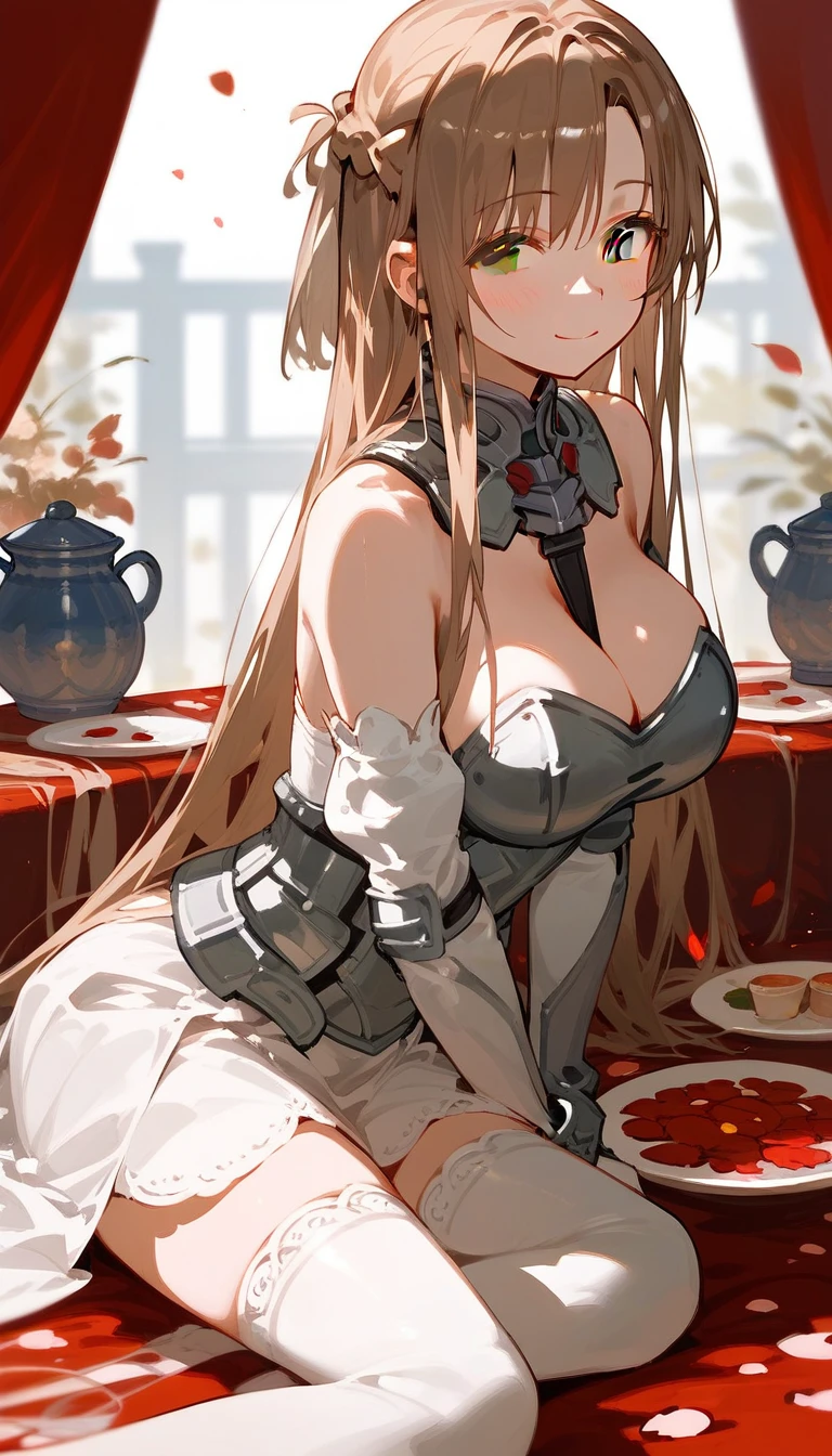 Score_9, score_8_up, score_7_up, score_6_up, scre_5_up, source_anime,from side,side biew,1girl, Asuna (SAO - AIO),brown eyes, brown hair, long hair,large breasts, closed mouth, red accents, white thighhighs, cleavage, smile, white gloves, sitting, wariza, looking at viewer, white dress, bare shoulders, brown hair, armor, blush, brown eyes, breastplate, petals, detached sleeves, hand between legs, white sleeves, braid,
