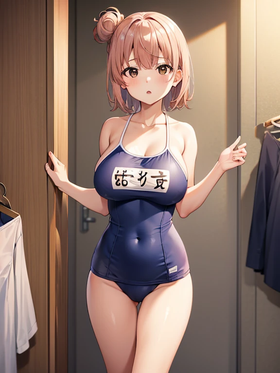 Shot in the changing room、whole body、Yui Yuigahama Beach, Yuigahama Yui, short hair, (Brown eyes:1.5), (Pink Hair:1.2), Hair Bun, 一Hair Bun, Big Breasts、Navy blue school swimsuit