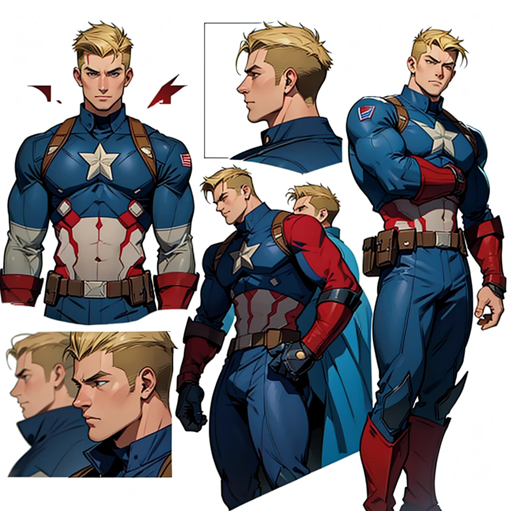 A model sheet with different face angles of an adult Captain America wearing his uniform and gauntlets with a short blonde quiff haircut and a shaved nape.