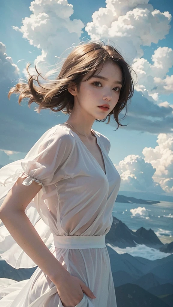 masterpiece, best quality, movie still, 1girl, floating in the sky, cloud girl, cloud,, bright, happy, fun, soft lighting, (Bauhaus, shapes, lines, abstract:1.1)
