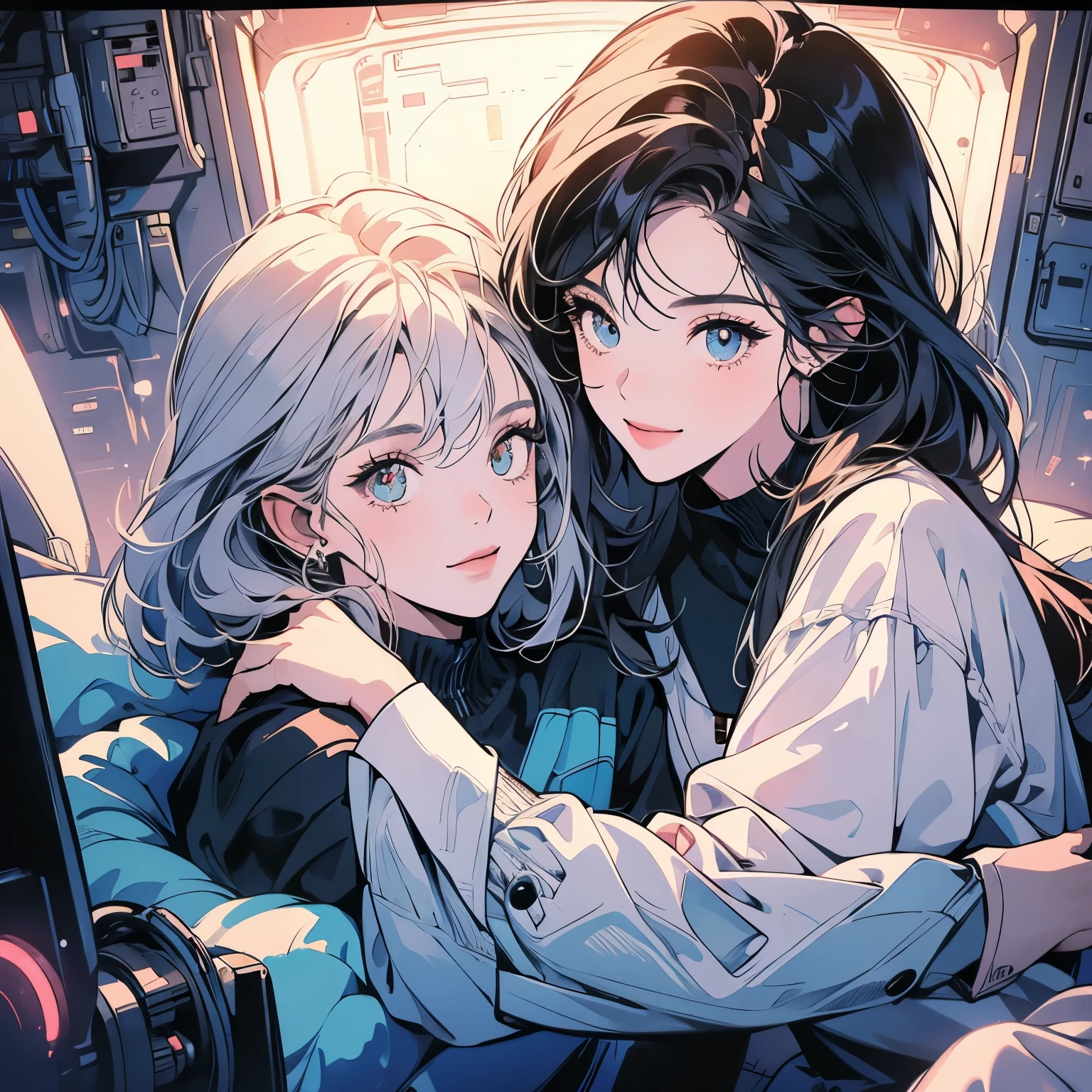(((beautiful "Two women" leaning against each other))), inside a spaceship, perfect machine, perfect face, zero gravity, outer space, lots of wires, switchboard, perfect and detailed machine, detailed hair, (((Various angles))), most beautiful woman alive, (((head shot))) , Super detailed background, top quality,Various unique hairstyles, Ghost in the Shell, sparkling eyes, Outer space in the background, Unique and perfect face, Pale Lighting, (((Various eyes colors))), (((Snuggle up like a lover))), short hair,smile, Separate eye color, separate hair styles