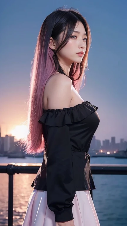 ((Highest quality)),((最high resolution)),((high resolution)),((detailed)),((High definition)),((8K)),((Perfect body)),((Perfect Face)),((Realistic)),((Real)),((Realistic)),((Beauty)),Wharf、Outdoor、night、City、night景、Black Hair、((Only the tips of the hair are pink))、Straight long hair、Very dense makeup、((Black clothes))、Black ruffled off-shoulder top、((Slanted Eyes))、White Skirt、Hair blowing in the wind、(big breasts:1.1)、((profile))、((View from the right side))、A melancholic look、(((View here)))