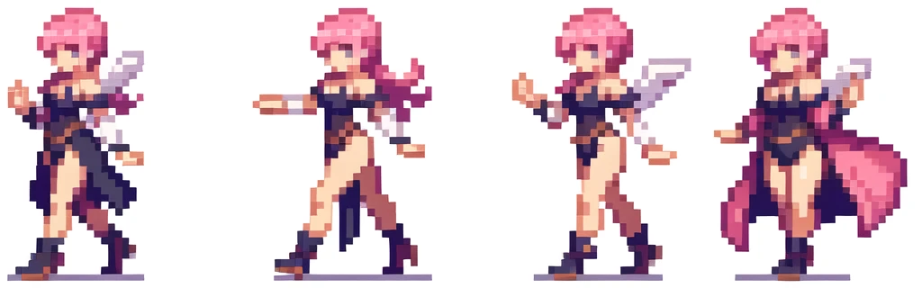 the very same person character chips , masterpiece , best quality , pixel , pixel art , xiangsu , xiang su , sequence frames , directly opposite ,  walking,  6 poses , put out one's left foot , put out one's right foot , stay , 1 girl , fantasy clothes , full body , white background , heroine , deformed , sexy , Highly Exposed , angel , pink clothes , pink hair , walking frame