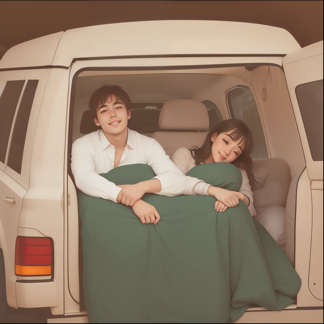 (best quality), big head, 1 beauty girl and 1 handsome men , Romantic camping couple in the car, Enjoying time together, The girlfriend is asleep, They are happy, relationship goals, Looks comfortable, Fun, Fresh, And refreshed, Happy,uhd