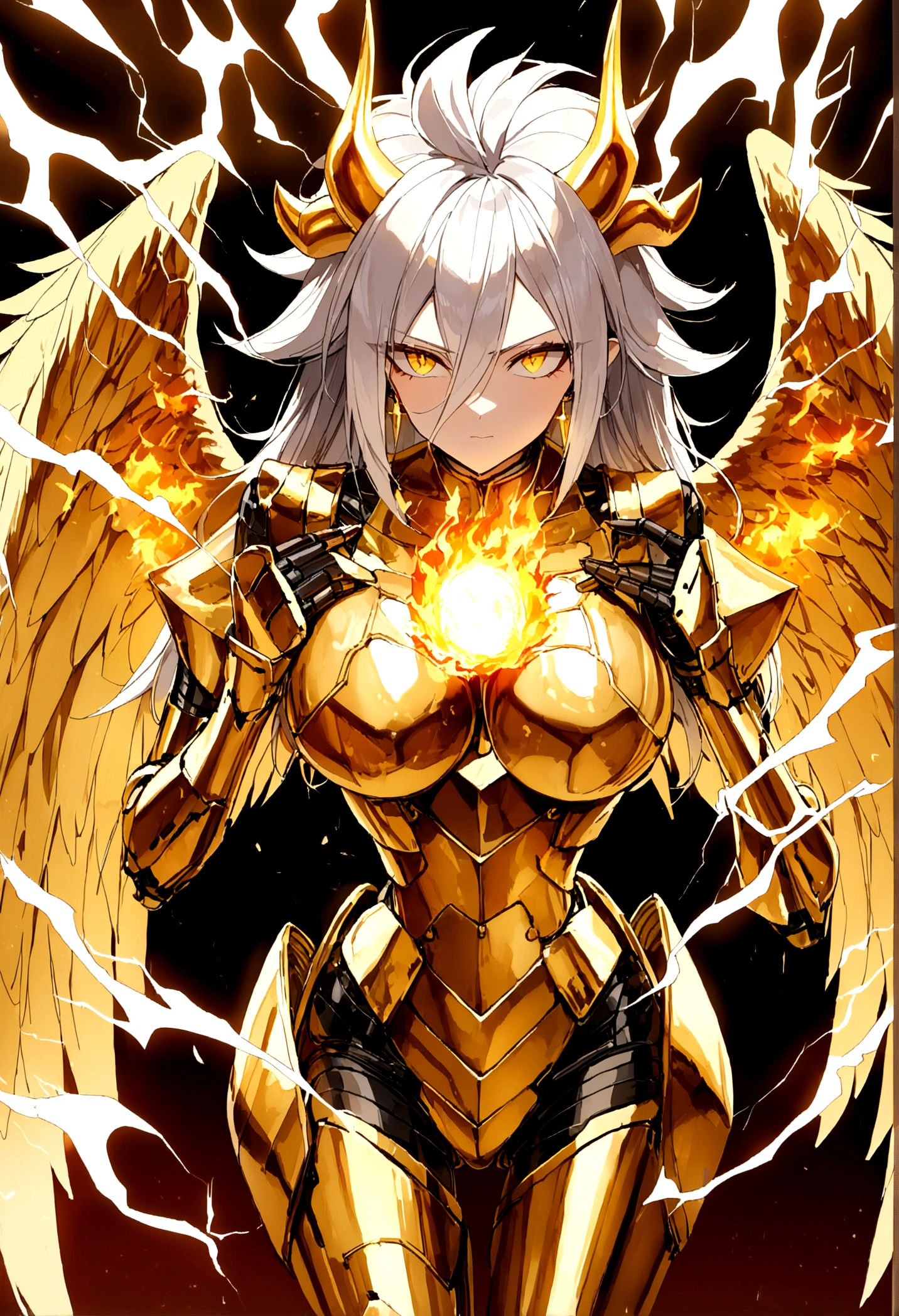 ((((Rasengan)))), ((Lightning Power)), ((Electricity)), ((Fire Background)), ((Lightning Storm)), ((Power Erupting)), ((((android 21)))), (((Evil Power))), (((white Coat))), (((Busty))), (((((Big breast:1,3)))), luxury bustier corset, (((silver hair))), (((Very slim waist))), propotional body, ((Gorgeous)), (((Fire Blazing Horns))), ((((gold wings))), masterpiece, hyperdetail, ambient effect, digital effect, (((Fire Gold Armor))), (((Lightning Gold Wings)))
