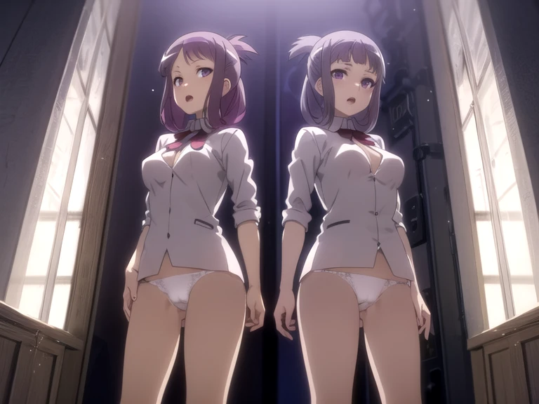 (ultra-highdetail, 8k quality, best quality, extremely detailed illustration,intense shadows, best quality anime illustration, anime coloring), (kyouko suehara, purple eyes, solo), ass focus, from behind, standing, two views, front open clothes, very short skirt, white panties, wet panties,looking at viewer, cameltoe, sleevless, no bra, show off nipple, nipple, gleaming skin, embarrassed, open mouth,five fingers,