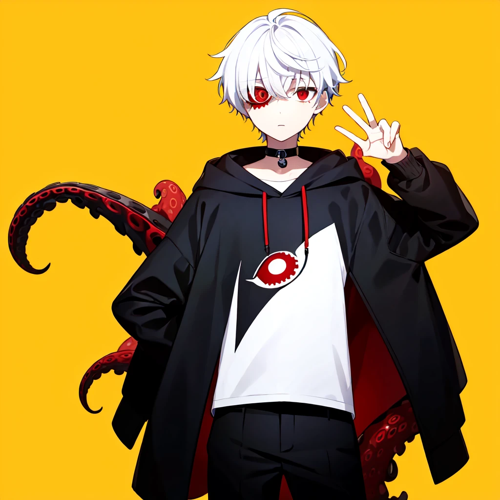 1boy, 1eye only, white hair, red eye, black hoodie shirt, white shirt, black sleeves, black pants, red tentacles in back, mechanical tentacle, looking on side