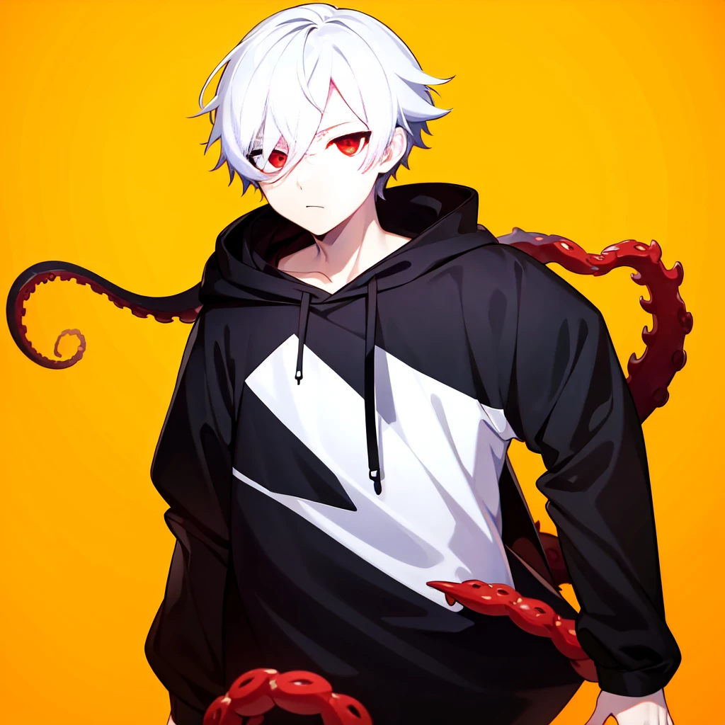 1boy, 1eye only, white hair, red eye, black hoodie shirt, white shirt, black sleeves, black pants, red tentacles in back, mechanical tentacle, looking on side