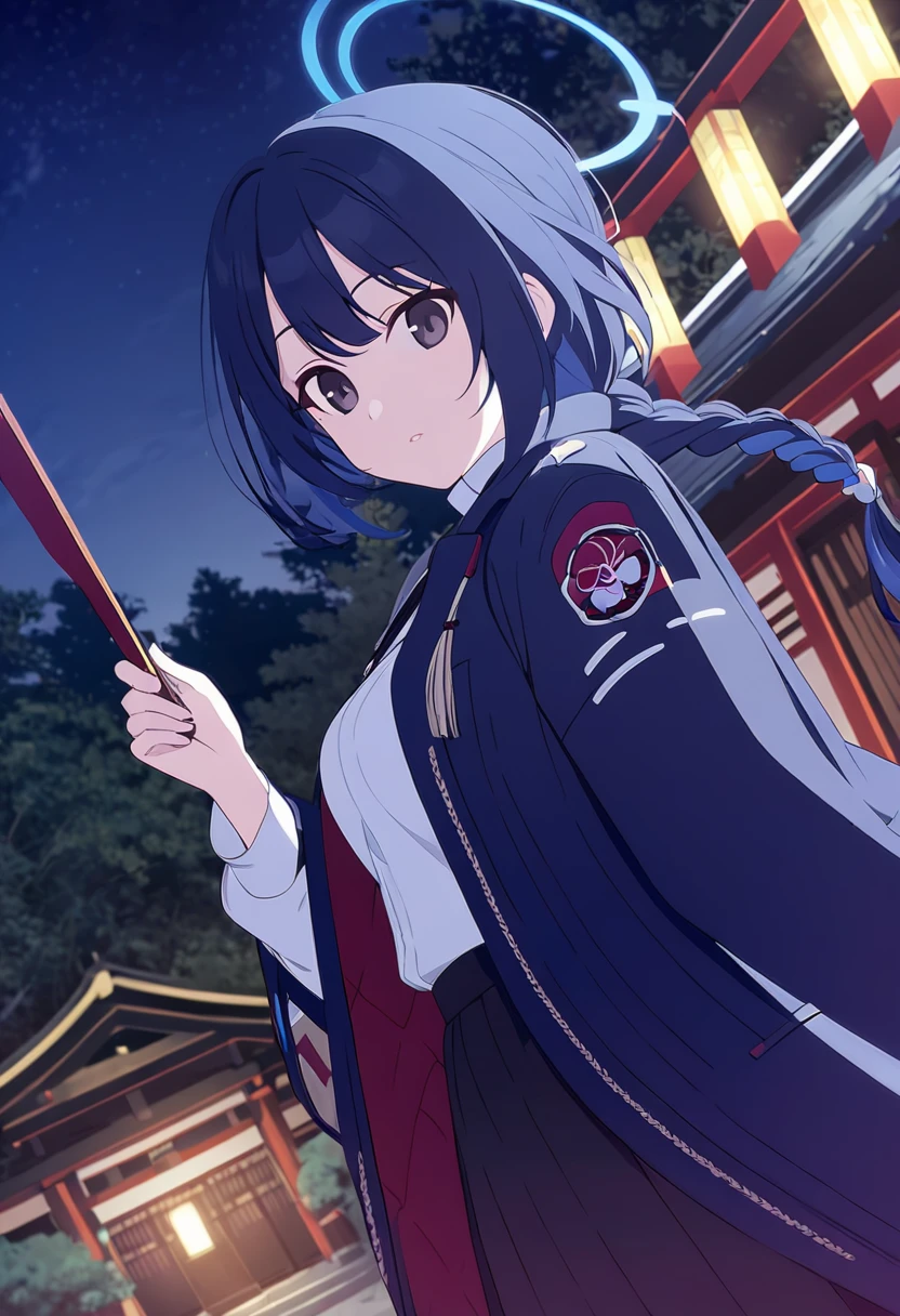 (One Girl,Midnight blue color hair,Hairstyle: braided ponytail, Dark eyes,Medium chest,Dynamic Angle)Coat of blue,White shirt,Black Skirt,Japanese shrine with night background,