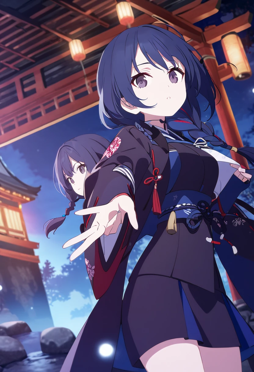 (One Girl,Midnight blue color hair,Hairstyle: braided ponytail, Dark eyes,Medium chest,Dynamic Angle)Coat of blue,White shirt,Black Skirt,Japanese shrine with night background,
