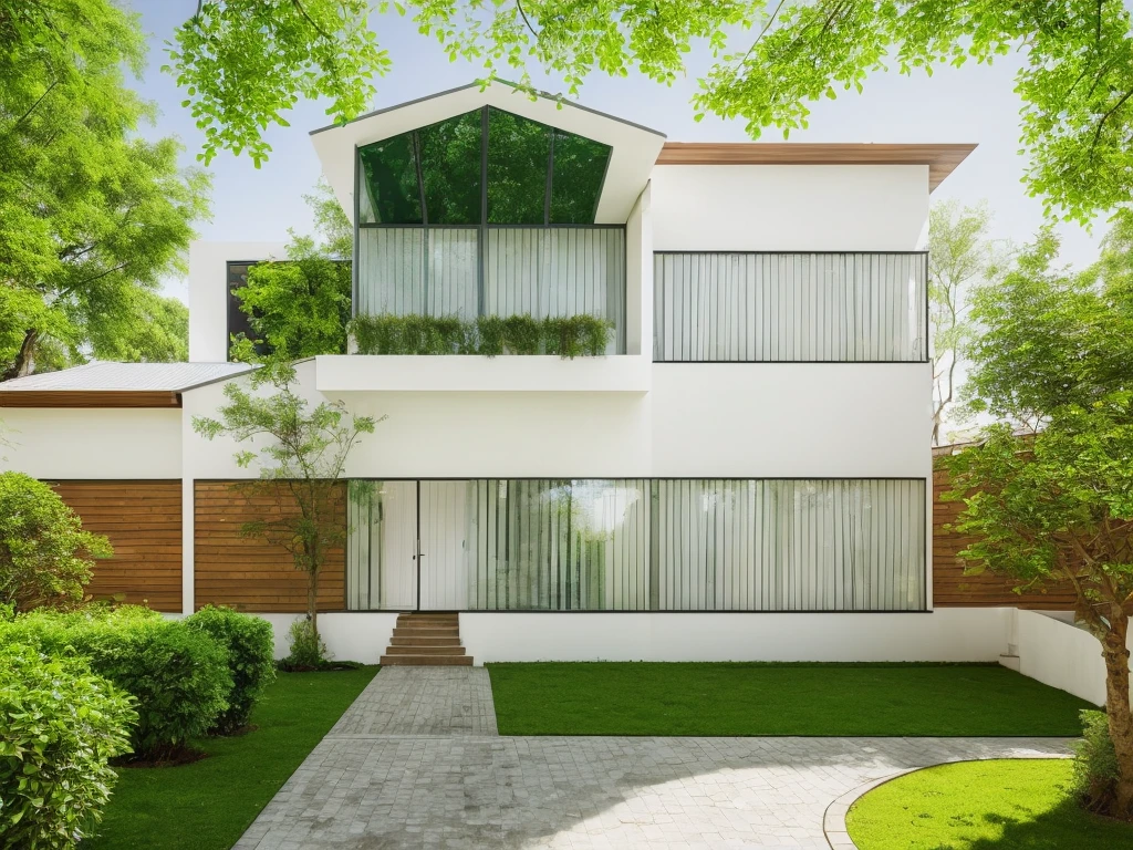 House exterior, white wall, glass doors, glass windows, green trees, wooden ceiling street scene, highquality
