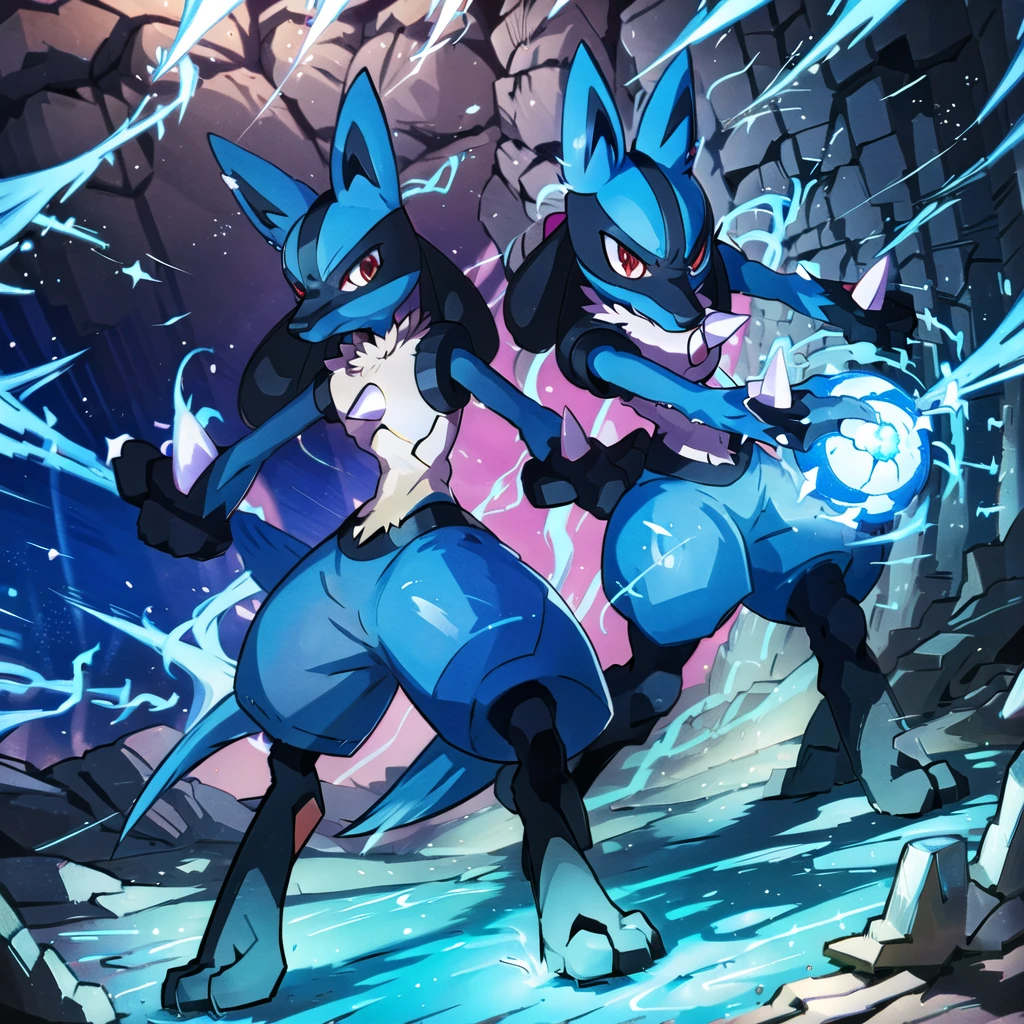 lucario, red eyes, attack stance, casting a blue energy ball, detailed, professional lights, spikes, anime, centered, outside, cave, blue fur, wolf, medium muzzle, ((sparks around body))