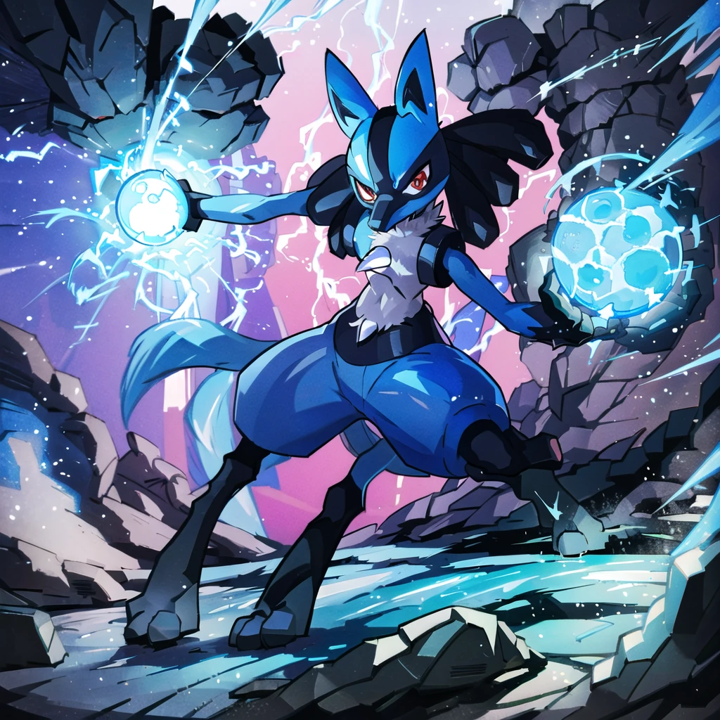 lucario, red eyes, attack stance, casting a blue energy ball, detailed, professional lights, spikes, anime, centered, outside, cave, blue fur, wolf, medium muzzle, ((sparks around body))