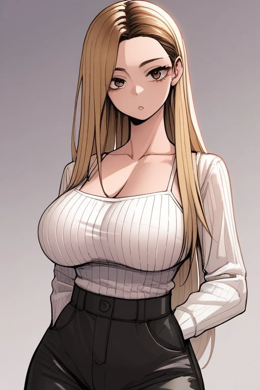 score_9, score_8_Excellent, score_7_Excellent, Hello、he, Brown eyes, blonde, Multicolored Hair, Long Hair,Long sleeves Round neck,White ribbed camisole、Black shorts、Are standing,Big Breasts、One Girl、