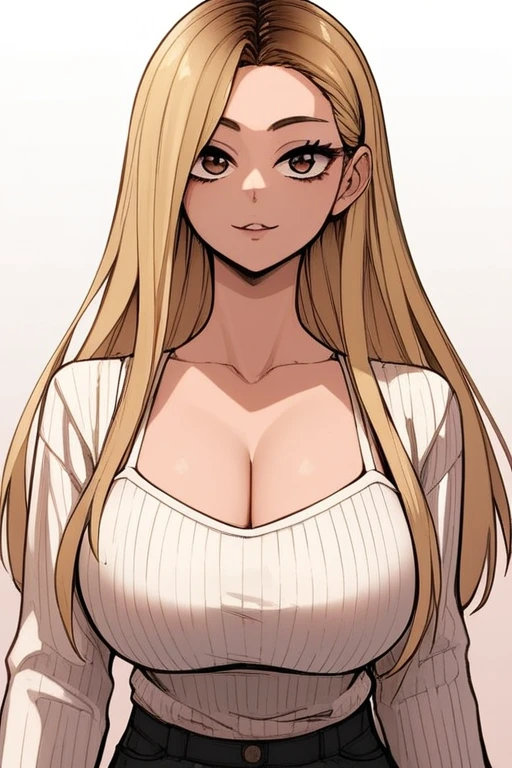 score_9, score_8_Excellent, score_7_Excellent, Hello、he, Brown eyes, blonde, Multicolored Hair, Long Hair,Long sleeves Round neck,White ribbed camisole、Black shorts、Are standing,Big Breasts、One Girl、