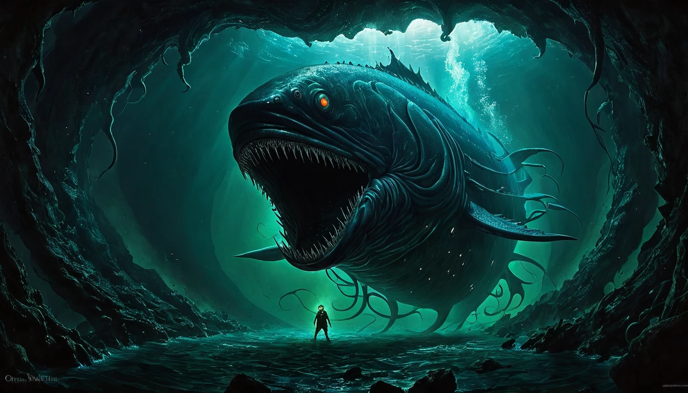 Setting: The interior of the great fish, envisioned as a dark, cavernous, and supernatural space that feels otherworldly and threatening.
Subject: Jonah is seen inside this demonic belly, surrounded by a nightmarish environment with dark, organic walls and glowing, malevolent eyes peering from the shadows. The surroundings should include elements that evoke a sense of being inside a living, breathing, and evil entity, such as tendrils, unsettling textures, and a pulsing, otherworldly glow.
Atmosphere: Sinister and surreal, with unsettling visuals that convey the idea of Jonah being trapped in the belly of a demonic force rather than a mere fish.
