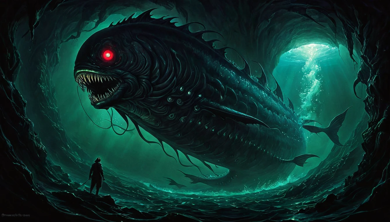 Setting: The interior of the great fish, envisioned as a dark, cavernous, and supernatural space that feels otherworldly and threatening.
Subject: Jonah is seen inside this demonic belly, surrounded by a nightmarish environment with dark, organic walls and glowing, malevolent eyes peering from the shadows. The surroundings should include elements that evoke a sense of being inside a living, breathing, and evil entity, such as tendrils, unsettling textures, and a pulsing, otherworldly glow.
Atmosphere: Sinister and surreal, with unsettling visuals that convey the idea of Jonah being trapped in the belly of a demonic force rather than a mere fish.
