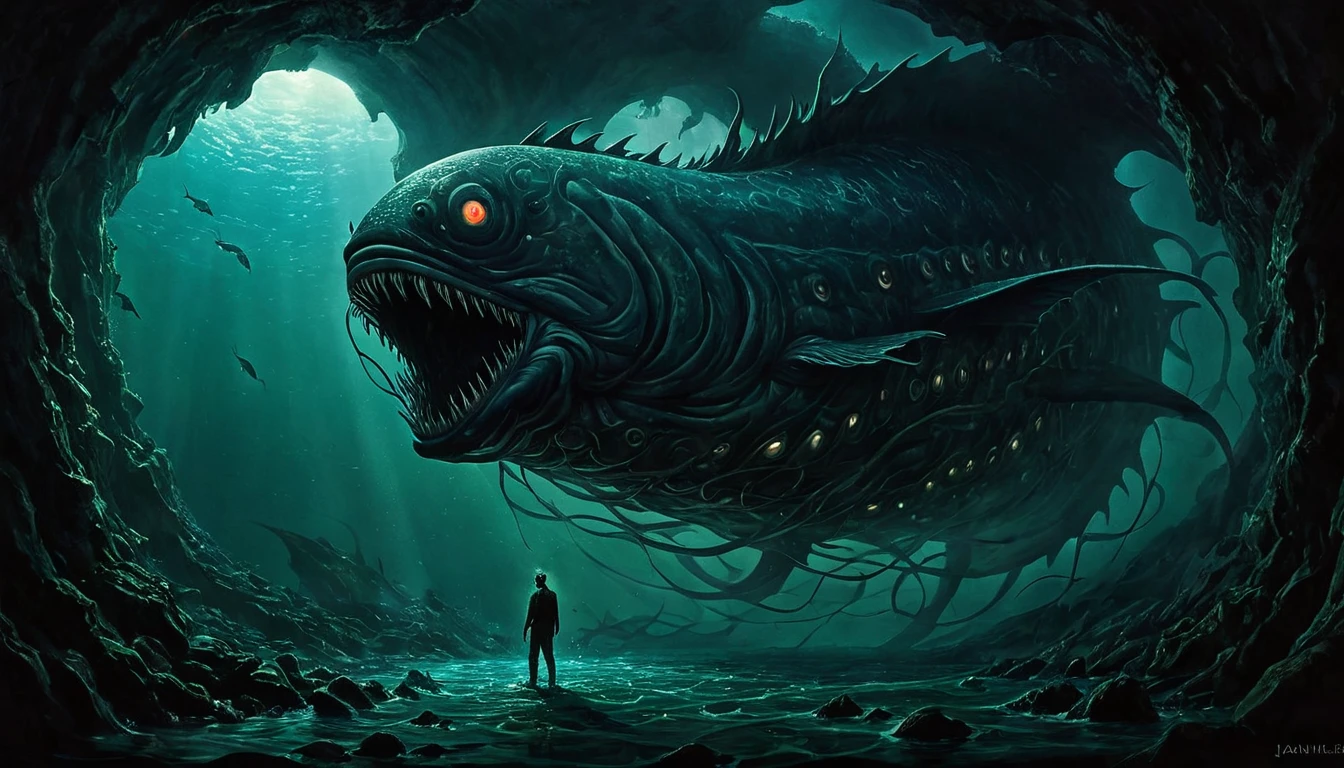 Setting: The interior of the great fish, envisioned as a dark, cavernous, and supernatural space that feels otherworldly and threatening.
Subject: Jonah is seen inside this demonic belly, surrounded by a nightmarish environment with dark, organic walls and glowing, malevolent eyes peering from the shadows. The surroundings should include elements that evoke a sense of being inside a living, breathing, and evil entity, such as tendrils, unsettling textures, and a pulsing, otherworldly glow.
Atmosphere: Sinister and surreal, with unsettling visuals that convey the idea of Jonah being trapped in the belly of a demonic force rather than a mere fish.
