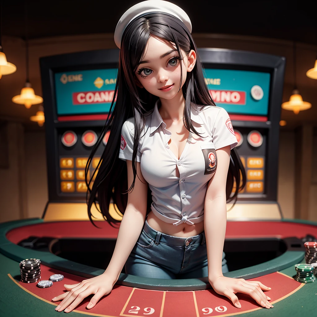 (masterpiece, best quality, high resolution), 19 years old, only one girl, standing and teasing, perfect eyes, laugh, work as casino customer service in poker table, gambling, slot machine background, wearing high