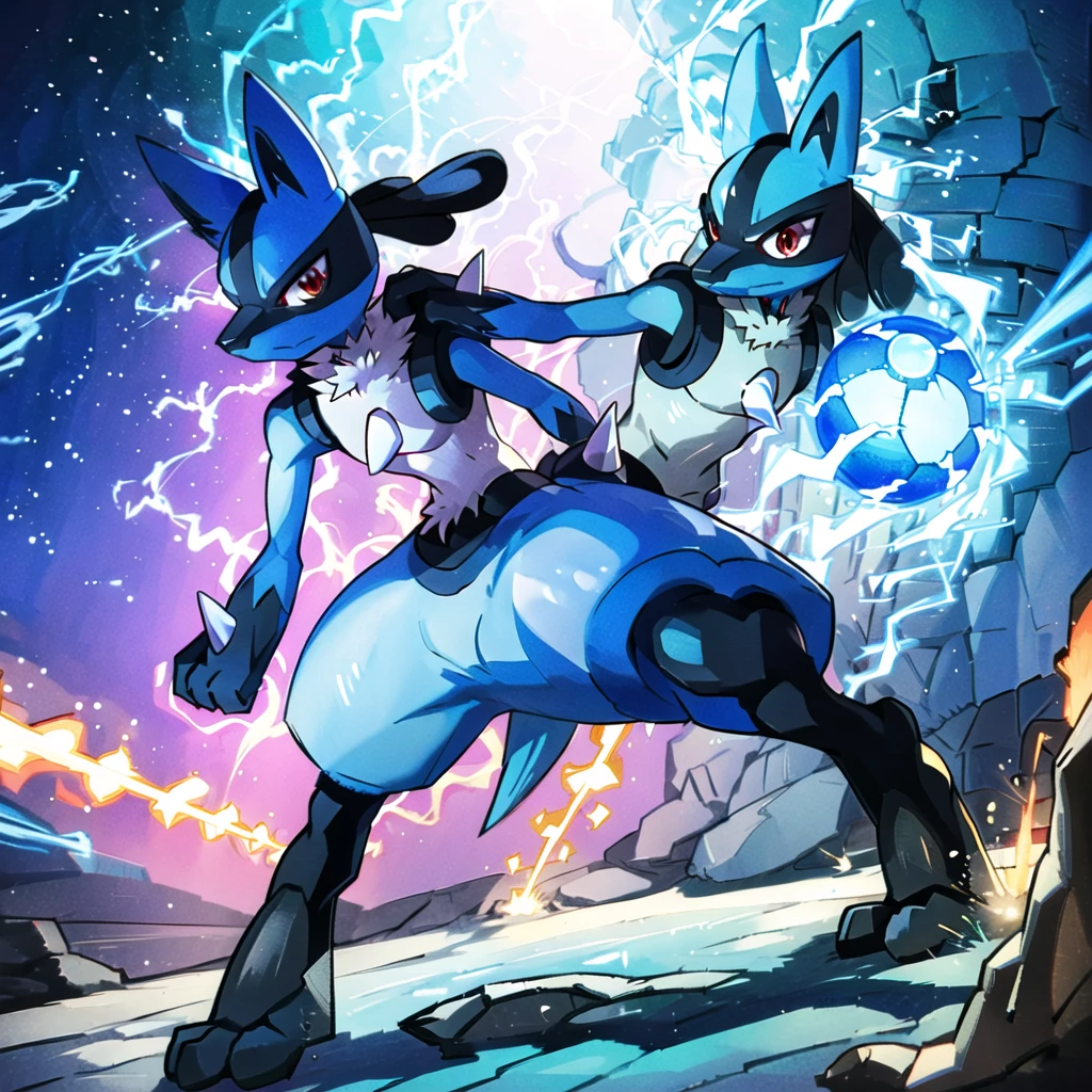 lucario, red eyes, attack stance, casting a blue energy ball, detailed, professional lights, spikes, anime, centered, outside, cave, blue fur, wolf, medium muzzle, ((sparks around body))