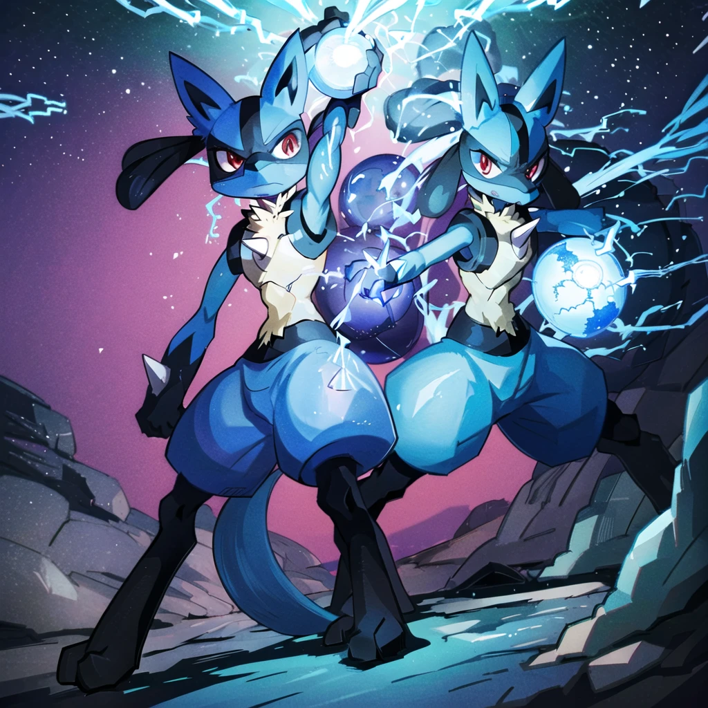 lucario, red eyes, attack stance, casting a blue energy ball, detailed, professional lights, spikes, anime, centered, outside, cave, blue fur, wolf, medium muzzle, ((sparks around body))