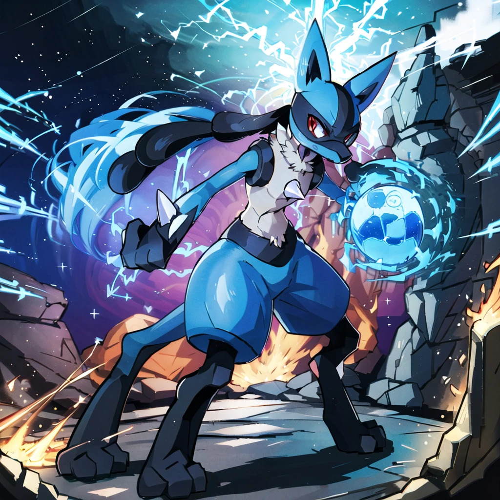 lucario, red eyes, attack stance, casting a blue energy ball, detailed, professional lights, spikes, anime, centered, outside, cave, blue fur, wolf, medium muzzle, ((sparks around body))