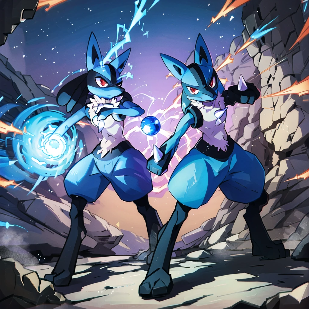 lucario, red eyes, attack stance, casting a blue energy ball, detailed, professional lights, spikes, anime, centered, outside, cave, blue fur, wolf, medium muzzle, ((sparks around body))