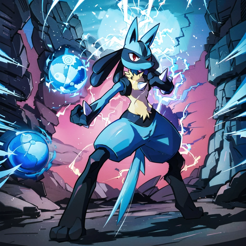 lucario, red eyes, attack stance, casting a blue energy ball, detailed, professional lights, spikes, anime, centered, outside, cave, blue fur, wolf, medium muzzle, ((sparks around body))