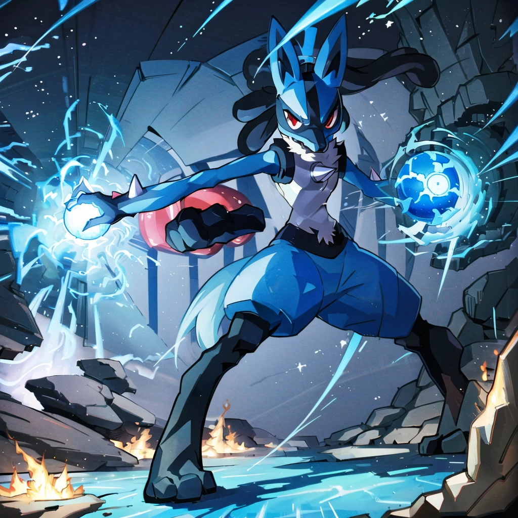 lucario, red eyes, attack stance, casting a blue energy ball, detailed, professional lights, spikes, anime, centered, outside, cave, blue fur, wolf, medium muzzle, ((sparks around body))