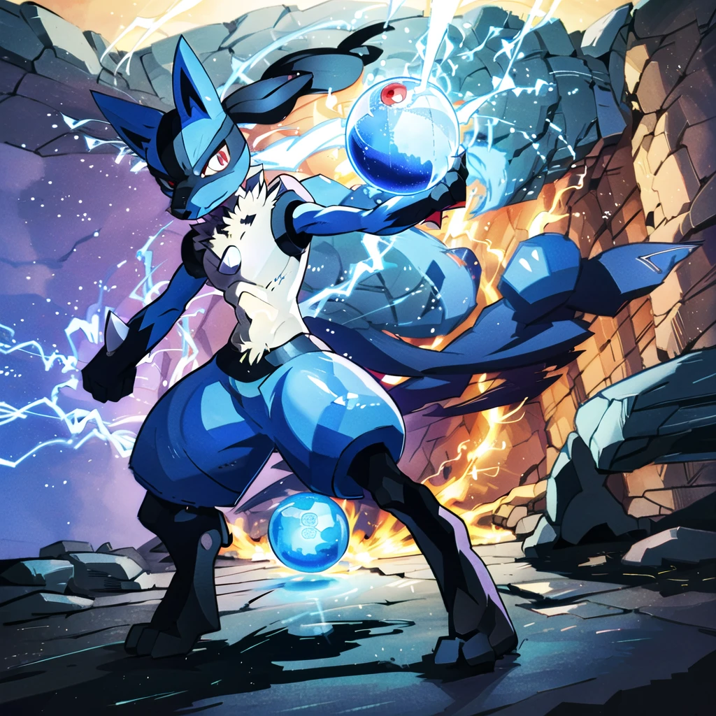 lucario, red eyes, attack stance, casting a blue energy ball, detailed, professional lights, spikes, anime, centered, outside, cave, blue fur, wolf, medium muzzle, ((sparks around body))