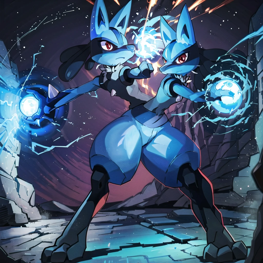 lucario, red eyes, attack stance, casting a blue energy ball, detailed, professional lights, spikes, anime, centered, outside, cave, blue fur, wolf, medium muzzle, ((sparks around body))