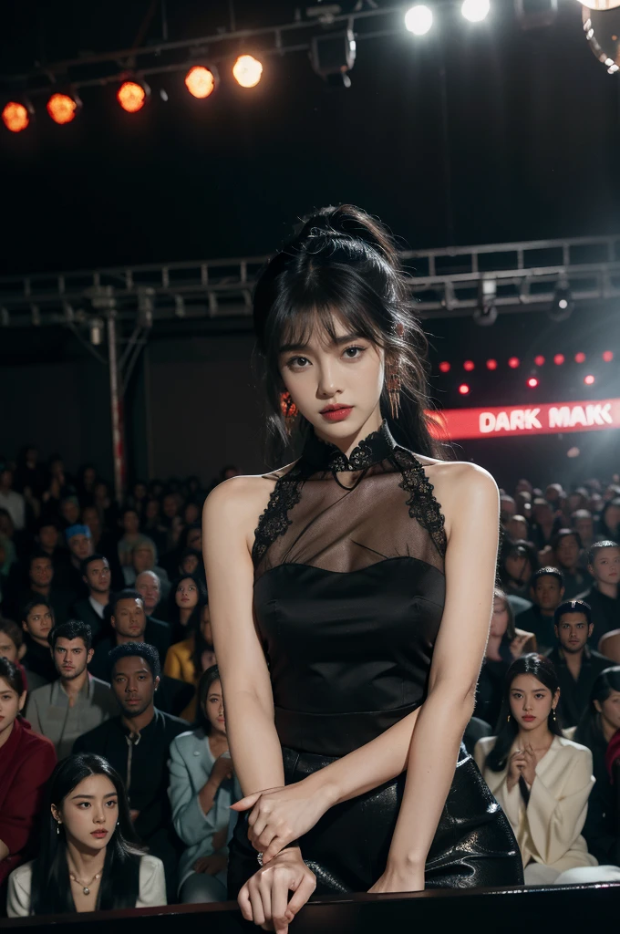 1 Nigerian girl,bangs,bare arms,collar,lace,see through,maxi cheongsam,detailed background,detailed eyes,(dark black skin:1.5),earrings,upper body,jewelry,slim,flat chest,ponytail,headdress,looking at viewer,makeup,night scene,red lips,signature,laughing,solo,standing,slender legs,pantyhose,high heels,On the T-stage,catwalk,fashion show,Surrounded by crowded crowds on both sides of the stage,neon lights,from front