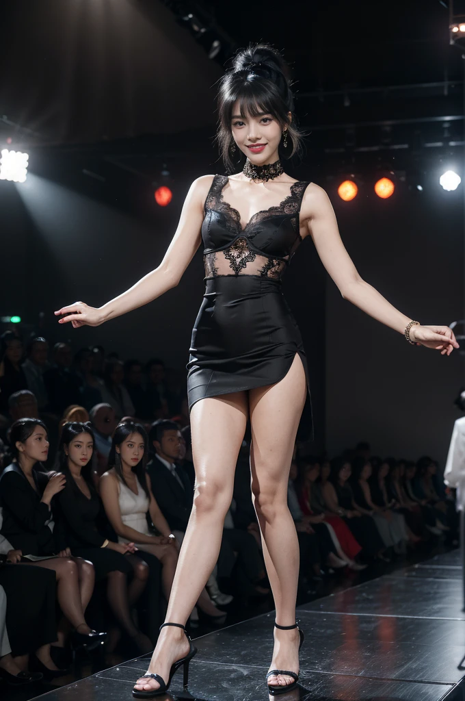 1 Nigerian girl,bangs,bare arms,collar,lace,see through,maxi cheongsam,detailed background,detailed eyes,(dark black skin:1.5),earrings,upper body,jewelry,slim,flat chest,ponytail,headdress,looking at viewer,makeup,night scene,red lips,signature,laughing,solo,standing,slender legs,pantyhose,high heels,On the T-stage,catwalk,fashion show,Surrounded by crowded crowds on both sides of the stage,neon lights,from front