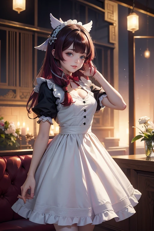 Ninomae Ina'nis, VTuber, multicolored hair, violet hair, orange hair, white roses, ornament hair, roses on her hair, maid, maid dress, maid headdress, maid apron, long hair, seat on a sofa, minimalist home style, Chinese maid dress, black dress, more details on her clothes, violet details, night, smiling, coat, solo, centered girl, cowboy shot, perfectly body, perfectly hands, two arms, two legs, two hands, five fingers, perfect anatomy, glowing hair, red roses, 1girl, dress, solo, flowing hair, floating hair, ornament hair, perfectly body, perfectly hands, on the stage, sparkles, more details on her clothes, dress with transparency, golden details on her dress, night, ((4k, masterpiece, top-quality)), 8k, best quality, high resolution, UHD, (illustration:0.8), super cute girl, delicate and beautiful face, mature girl, super cute hairstyle, (beautiful detailed eyes:1.6), extremely detailed face, perfect lighting, extremely detailed CG, (perfect hands, perfect anatomy), Best quality ((4k, masterpiece, top-quality)),8k, best quality, high resolution, HD, (illustration:0.8), super cute girl, delicate and beautiful face, mature girl, super cute hairstyle, (beautiful detailed eyes:1.6), extremely detailed face, perfect lighting, extremely detailed CG, (perfect hands, perfect anatomy), Best quality, cleavage, small skirt, full Body, two arms, two legs, two hands, five fingers