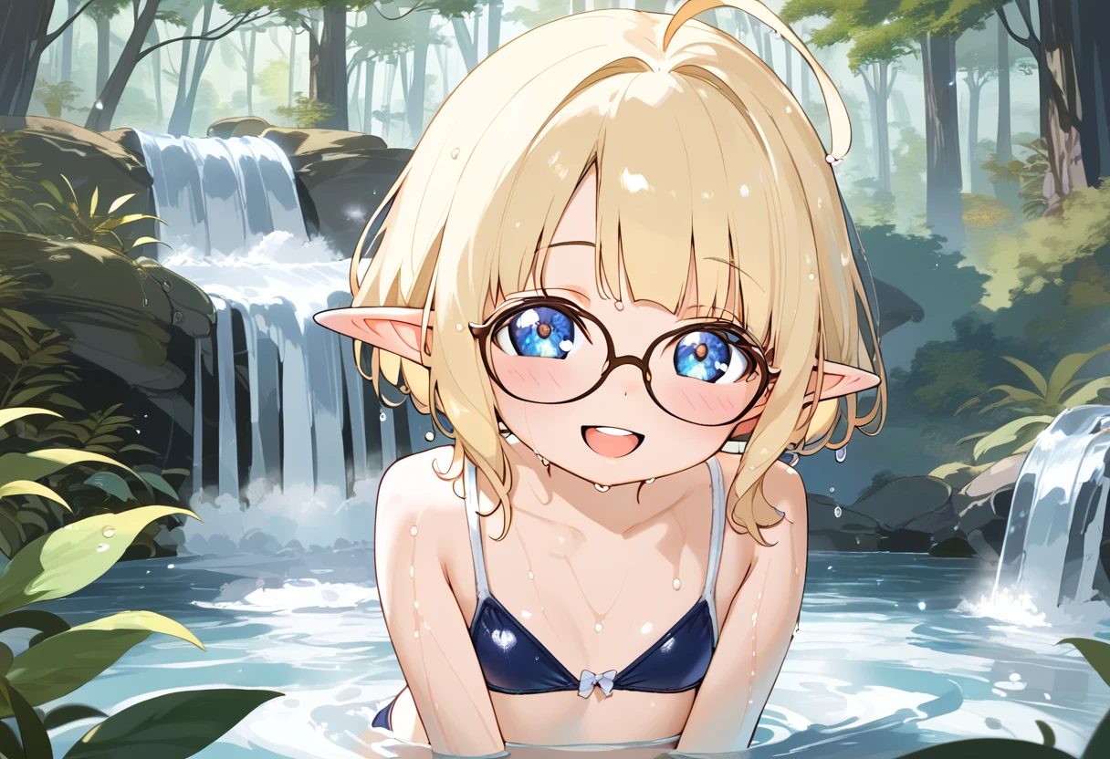 ((best quality)), ((high resolution)), ((forest:1.5)), ((beautiful waterfall:1.5)), ((swimming)), ((solo)), ((loli:1.5)), ((petite:1.5)), ((school bikini)), (short hair), happy smile, glossy blonde hair, blue eyes, beautiful detailed eyes, (ahoge), (glasses), ((elf)), ((blush:1.3)), ((sunny:1.5)), ((powder light:1.3)), ((light particles)), ((light:1.6)), ((wet:1.5)), open mouth, teeth,jump