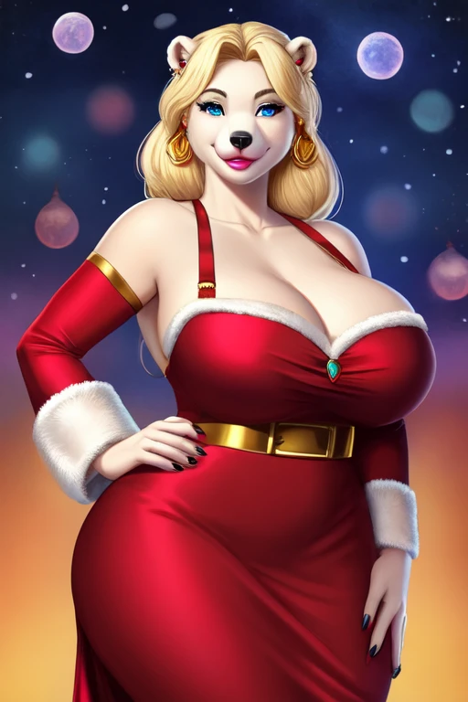 Blonde polar bear woman, wearing a backless Santa dress, perfect face, blue eyes, big breasts, cleavage, three-quarter view, solo, smile, perfect detailed body, pink lipstick, hand on hips, gold earring,