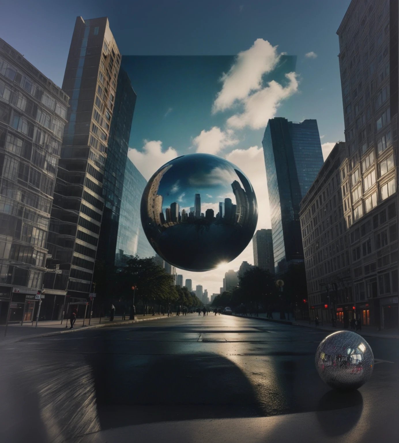 An big mirror ball floating on the city sky