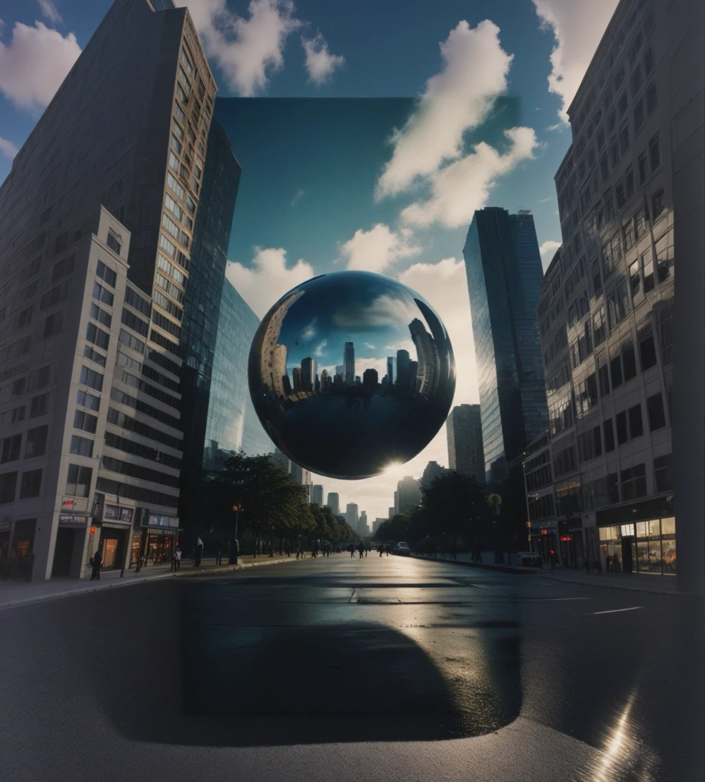 An big mirror ball floating on the city sky