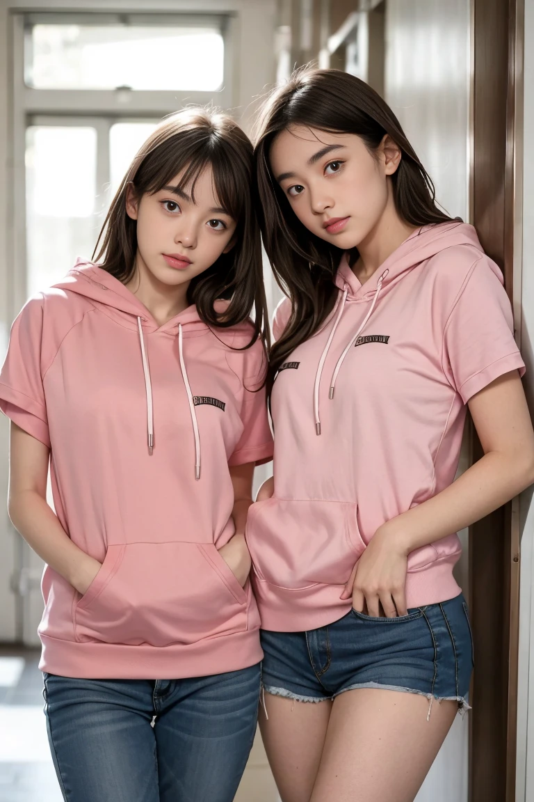 deux femmes ensemble de 18 ans sexy et mince , pink short sleeve hoodie , jambe visible , se touche,salle de classe,position sensuel