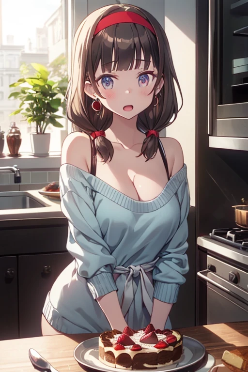 masterpiece, yor, 1girl, Amazing Cleavage:1.3, thin waist, big ass, Raised sexy, medium breast: 1.8 posed cleavage:1.2、solo, looking at viewer, open mouth, have a cup of coffee,black hair, red eyes, dress, bare shoulders, jewelry, collarbone, sidelocks, hairband, earrings, indoors, off shoulder, :o, sweater, arms behind back, plant, short hair with long locks, white hairband, off-shoulder dress, sweater dress, off-shoulder sweater, red sweater, big side hair, very long side hair,is rendered in (masterpiece: 1.2, best quality), with (ultra high resolution) and an exquisite (depth of field). This masterpiece is not only visually stunning but also tells, make of cake cooking ,in the kitchen