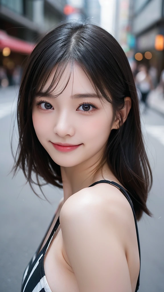 1 female,18 year old,smile:1.3,(BLACK eyes:1.3),((8K,masterpiece,Perfect Anatomy)),Cowboy Shot,(Beautiful and exquisite face and eyes,gorgeous eyes:1.3) ,Black Hair:1.3,bangs,smile,blush,Small breasts,Tokyo street、((Background blur)),((赤&白&黒のコーディネート:1.3))、ロングヘアー,Street Snap、
