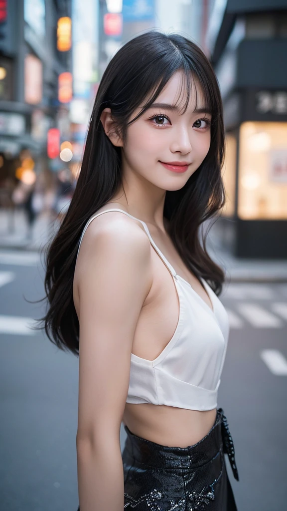 1 female,18 year old,smile:1.3,(BLACK  eyes:1.3),((8K,masterpiece,Perfect Anatomy)),Cowboy Shot,(Beautiful and exquisite face and eyes,gorgeous eyes:1.3) ,Black Hair:1.3,bangs,smile,blush,Small breasts,Tokyo street、((Background blur)),((赤&白&黒のコーディネート:1.3))、ロングヘアー,Street Snap、