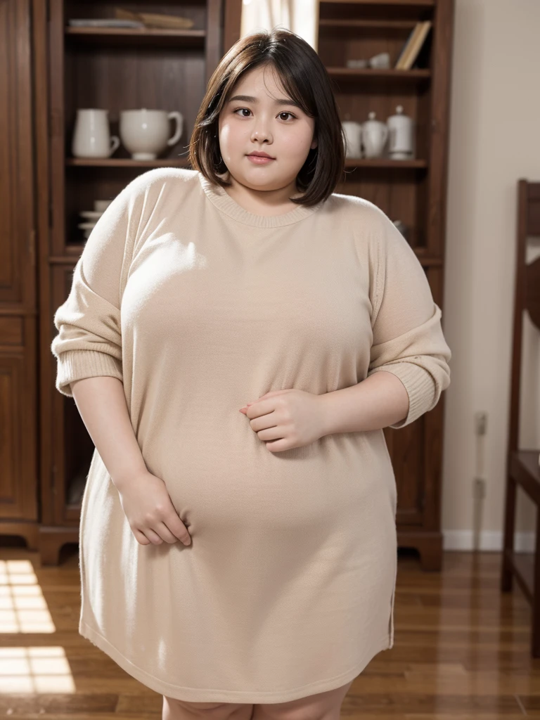 a fat 10 year old obese girl,detailed face with chubby cheeks,double chin,wide nose,full lips,exaggerated proportions,heavy set body,short height,wearing casual clothes,standing in a plain background,realistic style,highly detailed,photorealistic,cinematic lighting,warm color palette