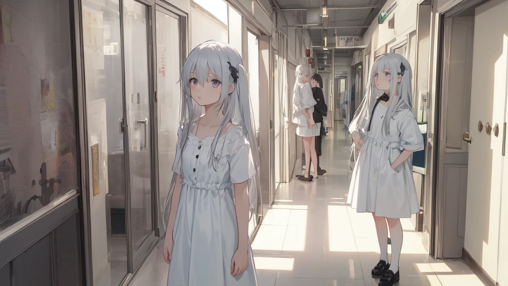 masterpiece:1.2), best quality , 独奏 ,pixiv, anime girl ,long straight white hair , black eyes ,White plain dress ,ten years old,(Eyes looking into the distance:1.3),(look away:1.5),Girl standing in dim hospital corridor,