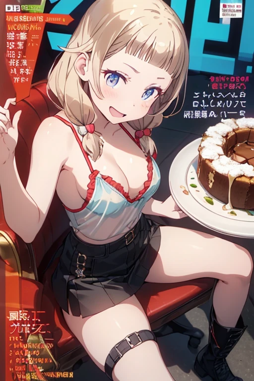 (small breasts:1.2), (perky chest:1.2), (pointed chest:1.2), (Pudding cake magazine cover:1.3),(from above:1.0),(shoot from the side:1.1),masterpiece, 1girl, Amazing Cleavage:1.1, thin waist, optimum,tmasterpiece,hight resolution,best qualtiy,hyper HD,super detailing,awardwinning,a 18yo cute girl,(The upper part of the body),anatomy correct,Beautiful Black miniskirt,garters,Gaze,Small face,bangss,holster,Beautuful Women,hands up,leg holster,Gaze,black boots,Cowboy Shot,cute face,a blond,Longhaire,Twin-tailed,Braids, Hairline,(scarlet eyes),long eyelasher,Hanging eye corners,White skin of the, ((see through camisole:1.1)), ((Sheer nipples:1.0)),Rocket Tits,(Slim body),smile,seductive weak smiling,(with sparkling eyes and a contagious smile),little open mouth, Looking at Viewer,