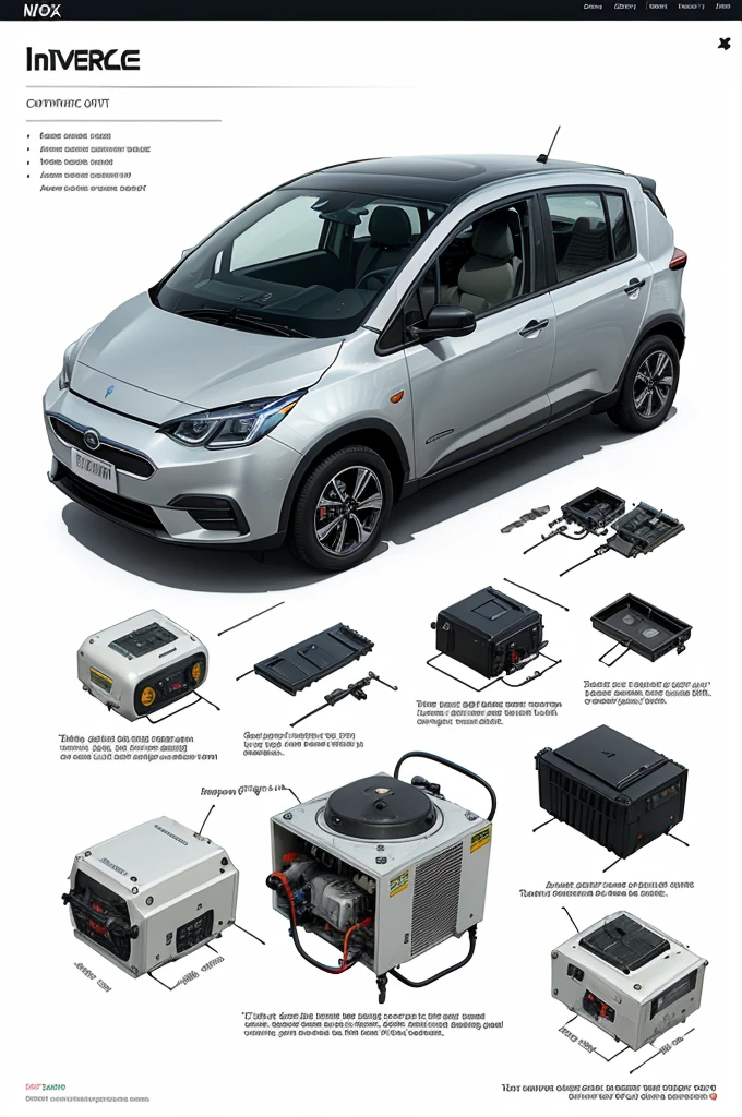a sketch of the internal components of in the electric car, including a vanadium redox battery, generator, inverter, electric motor, etc.