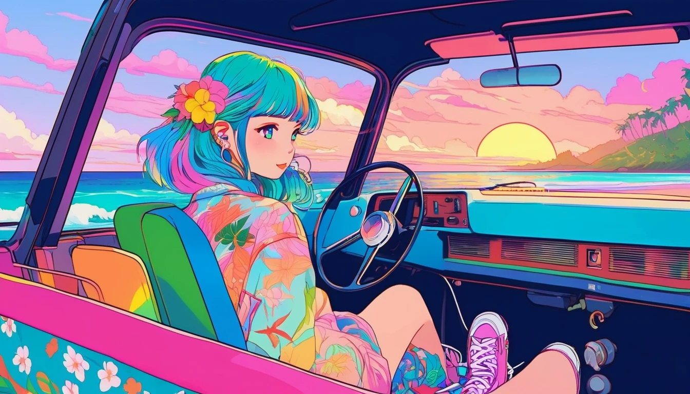 masterpiece, Highest quality, Rainbow Style, anime, Beautiful Asian Girl, K-Pop aesthetics and style, tattoo, tattoo - inspired, Sitting in a car, 80s American hippie style, Along the Hawaiian Coast, Cute and dreamy,anime,Illustrator,LOFI Girl,