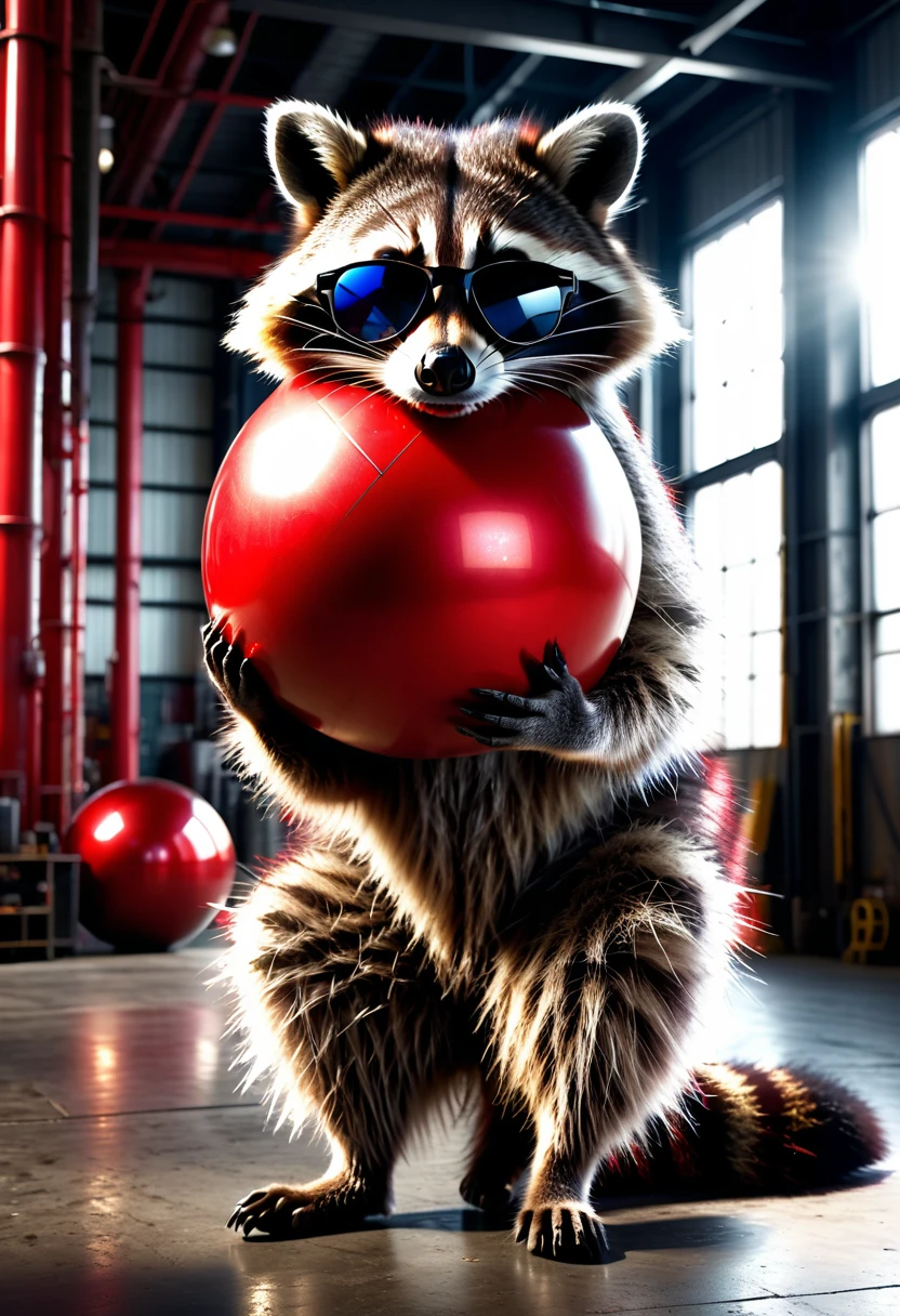 a photorealistic raccoon wearing sunglasses casually leaning on a large red ball in an industrial hall, detailed facial features, intricate fur textures, dramatic lighting, highly detailed background, cinematic composition, very detailed, 8k, hyperrealistic, Cinematic lighting, dramatic lighting, mood lighting, dark, intricate details, award-winning photography, stunning visual effects